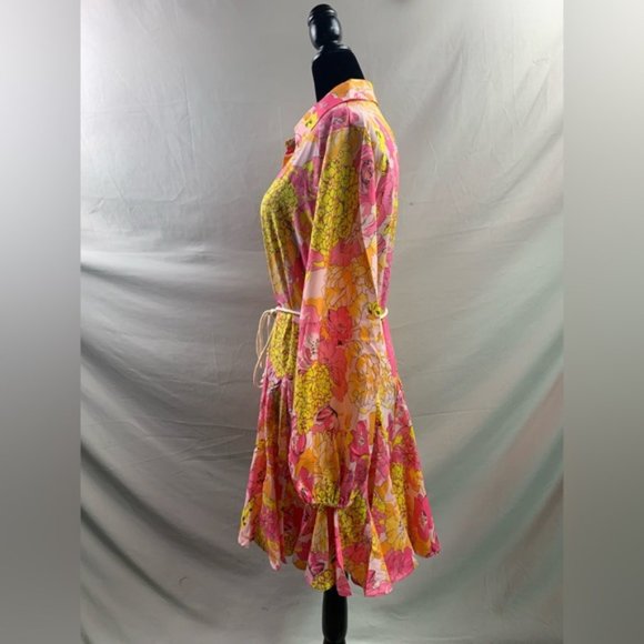 Boho Floral Print Lantern Sleeve Belted Shirt Dress 50% OFF - Picture 6 of 8